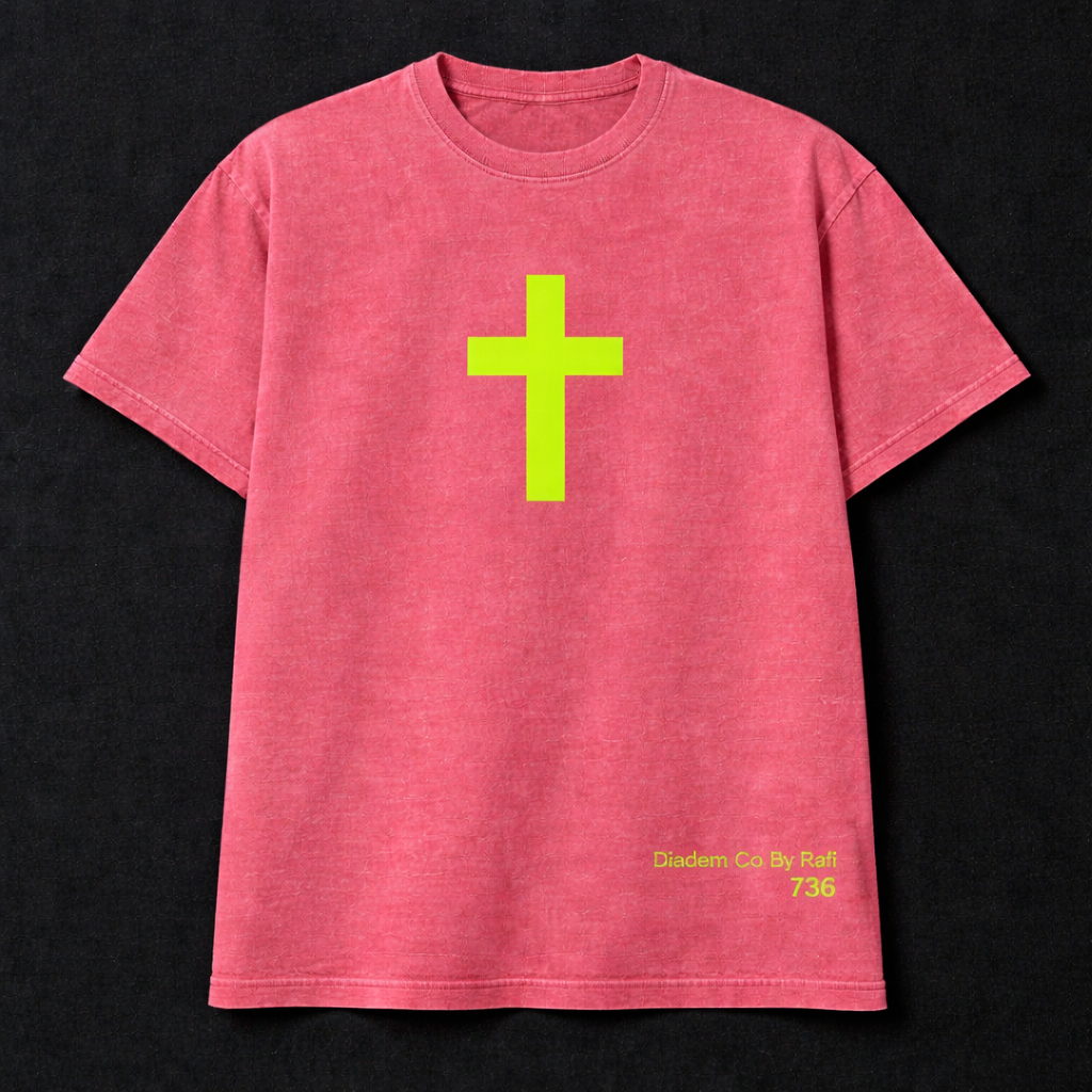 Short sleeve unisex Diadem Co By Rafi Althentic neon green cross screen print shirts numerology numbers 736.