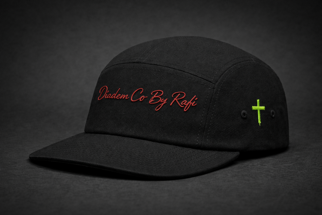 5panel YuPpoong 7005 hats with Diadem Co By Rafi logo and neon green or gold cross on the side in various colors.