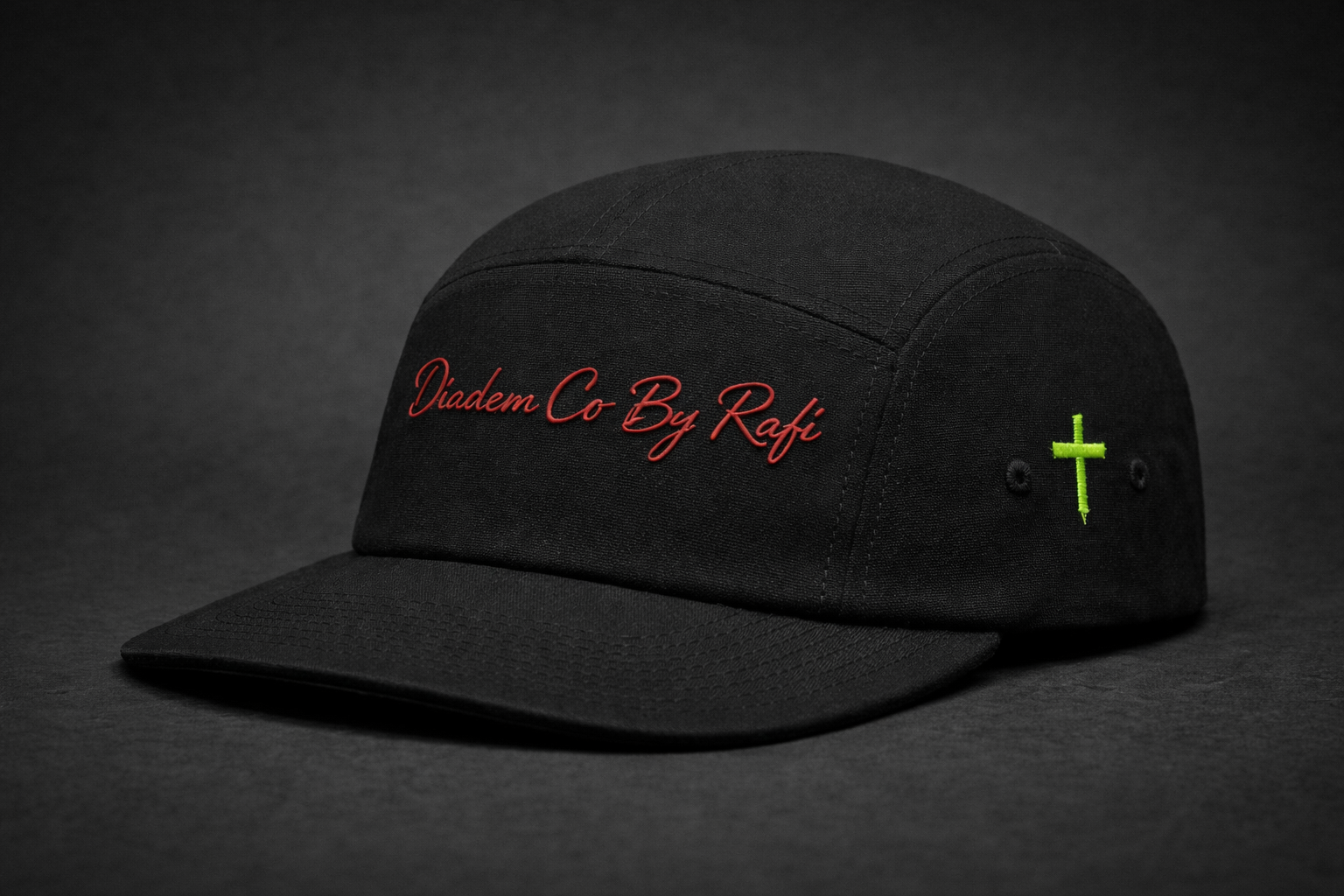 5panel YuPpoong 7005 hats with Diadem Co By Rafi logo and neon green or gold cross on the side in various colors