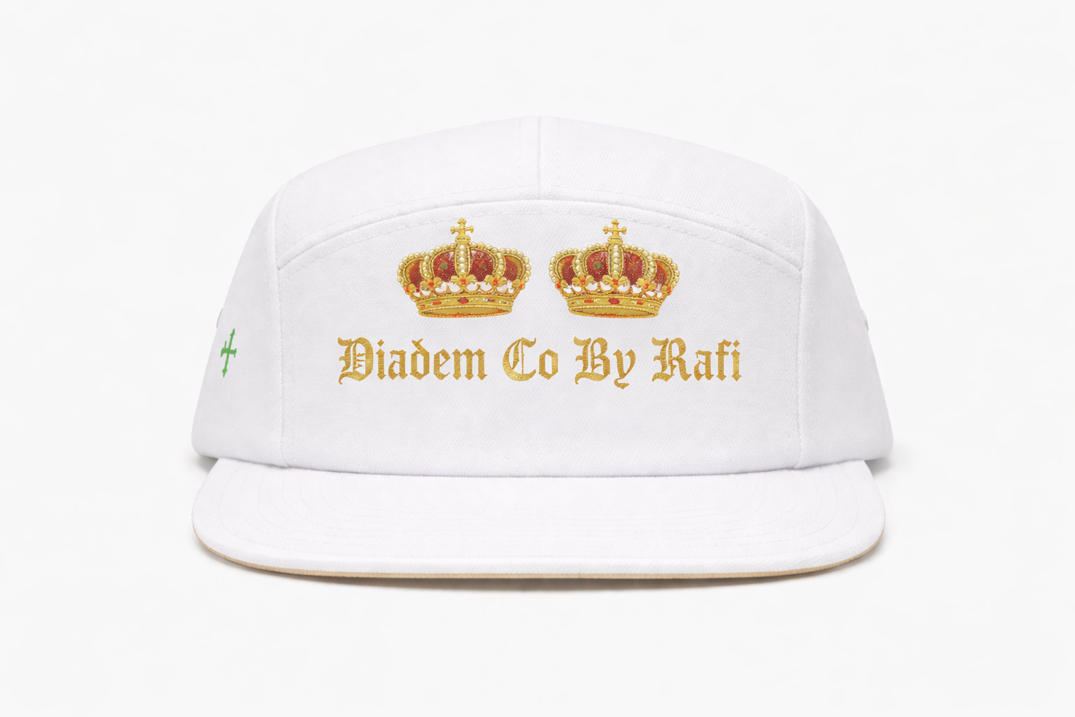 90's baby embroidered Diadem Co By Rafi double crown 5 panel hats in white and royal red with gold crowns and authentic green cross embroidered on the side. In old English letters.