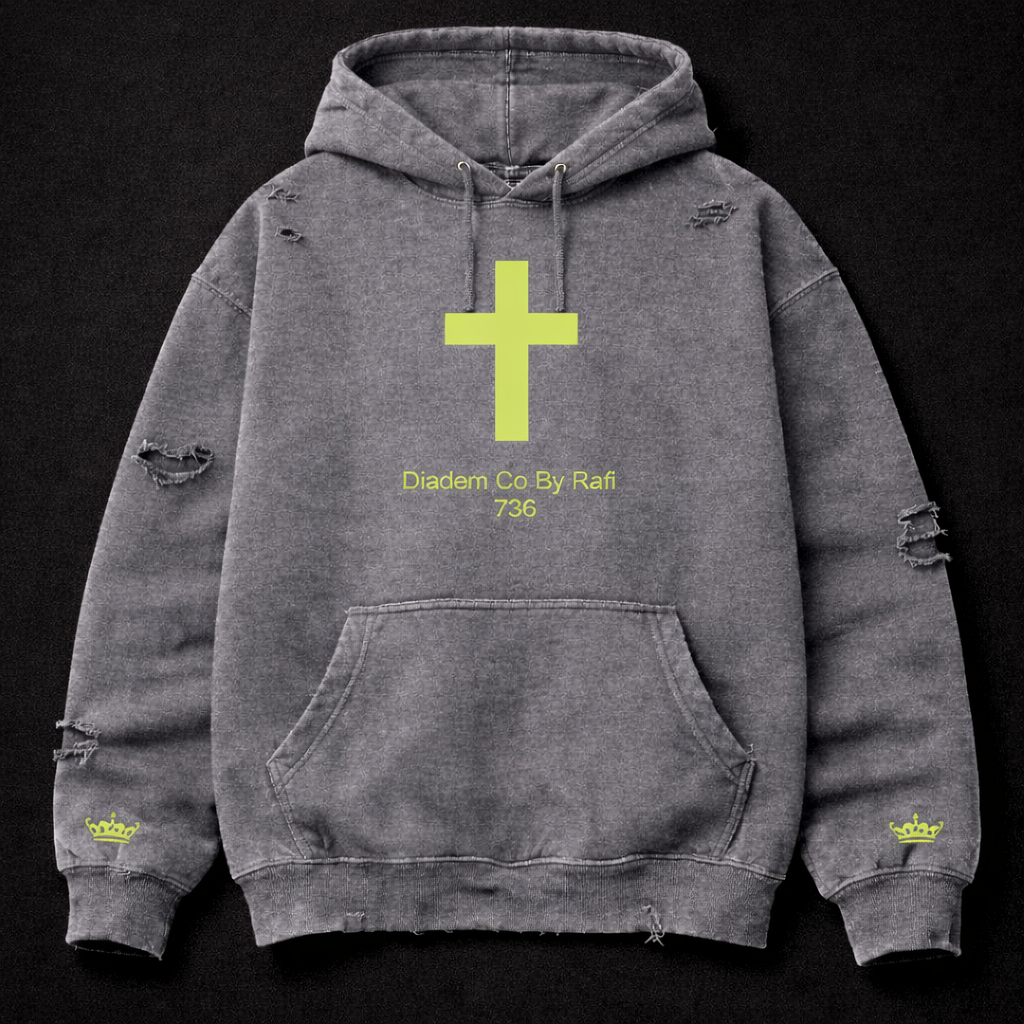 Long sleeve ripped men hoodie with signature neon green cross logo Diadem Co By Rafi logo with green crown on both sides 738 numerology meaning emblem dark grey.