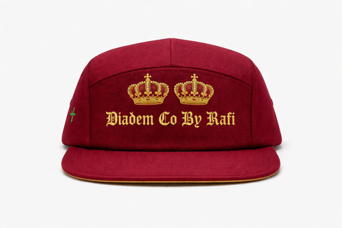 90's baby embroidered Diadem Co By Rafi double crown 5 panel hats in white and royal red with gold crowns and authentic green cross embroidered on the side. In old English letters.