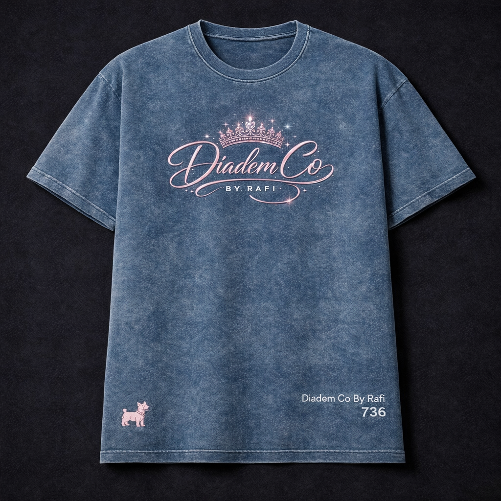 Screen print Diadem Co By Rafi with the embroidered terrier and woman's crown in white and pink 736 numerology meaning numbers screen print women shirt also in blue and pink, white and pink