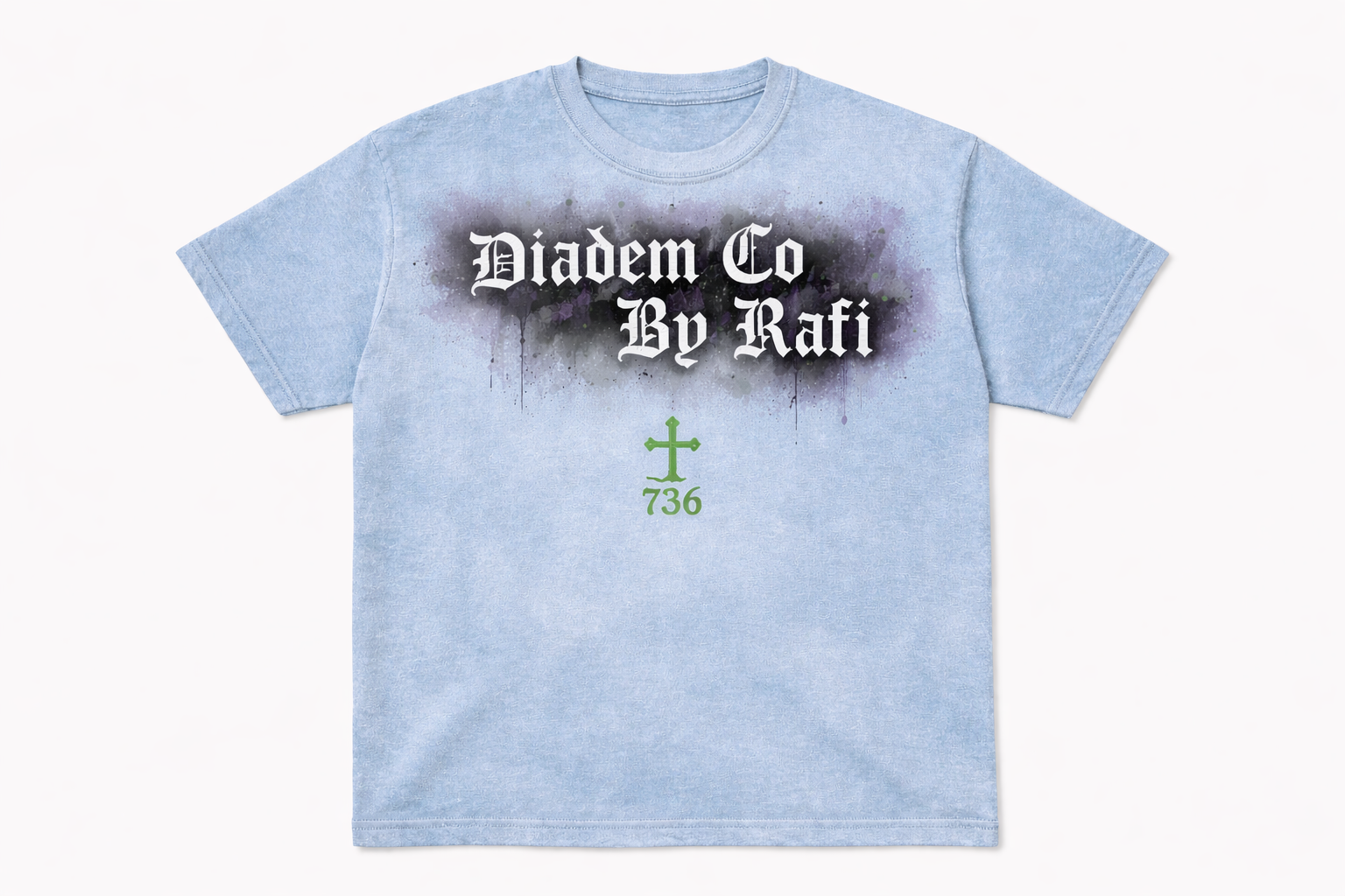 Men's blue short sleeve Diadem Co By Rafi dark black logo with signature green cross 736 numerology meaning logo.