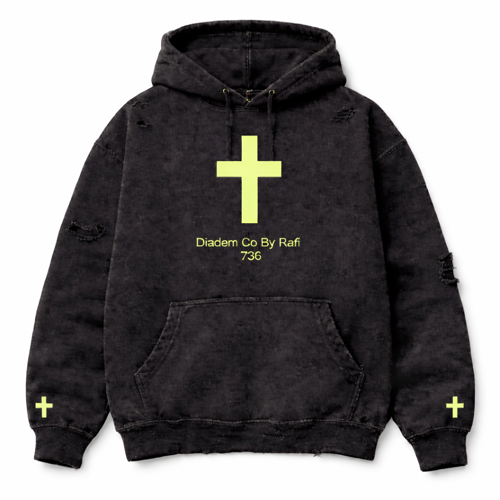 Neon green Embroidered Diadem Co By Rafi logo in ripped black hoodie with signature green cross on both sides of sleeves 738 numerology meaning numbers for men.