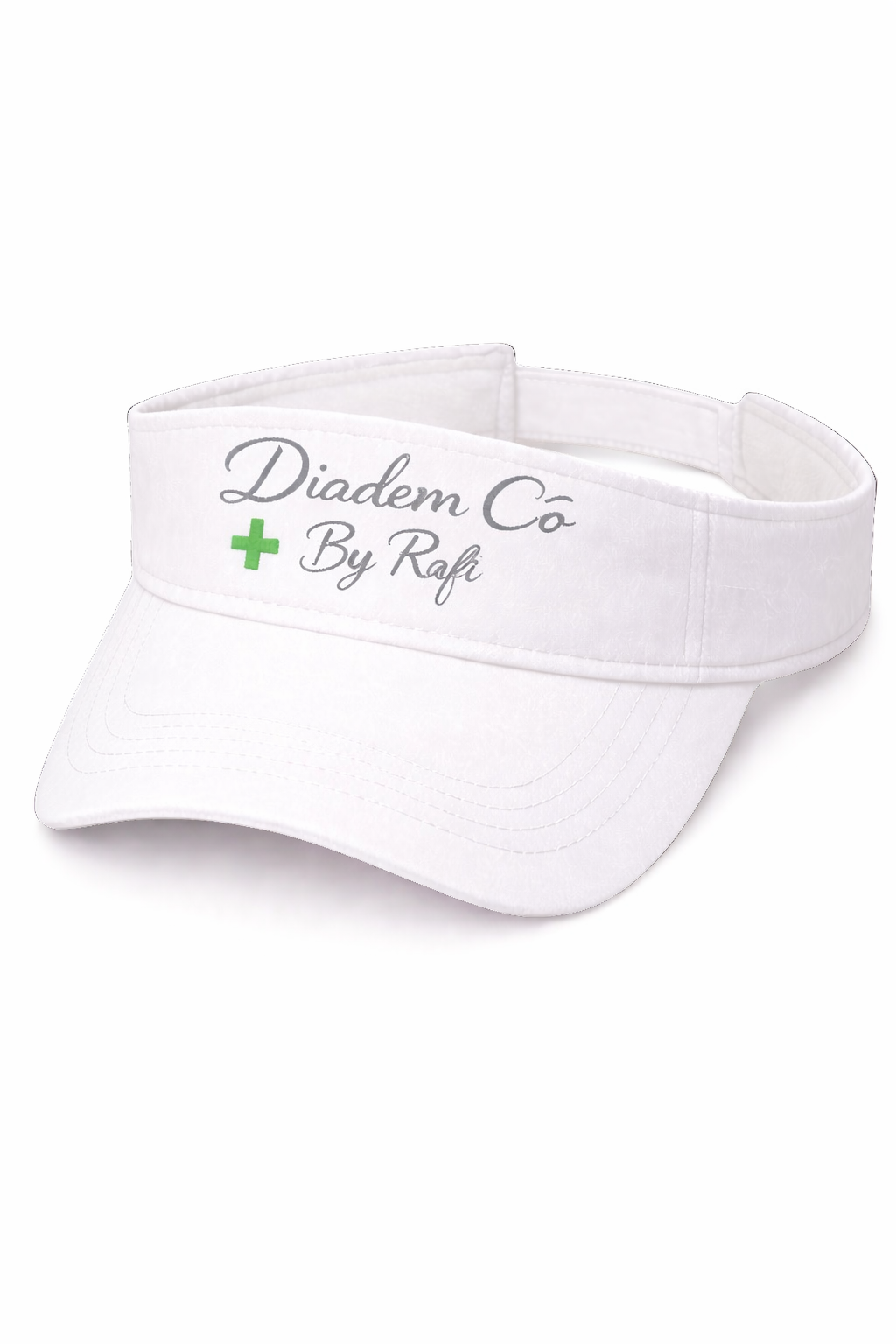 Diadem Co By Rafi embroidery pattern sun visor in red, white and black with green cross logo.Flexfit 8110