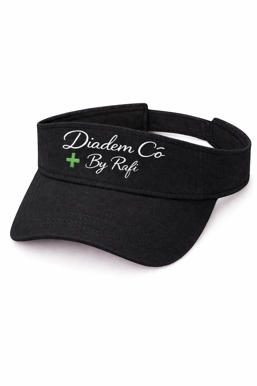 Diadem Co By Rafi embroidery pattern sun visor in red, white and black with green cross logo.Flexfit 8110
