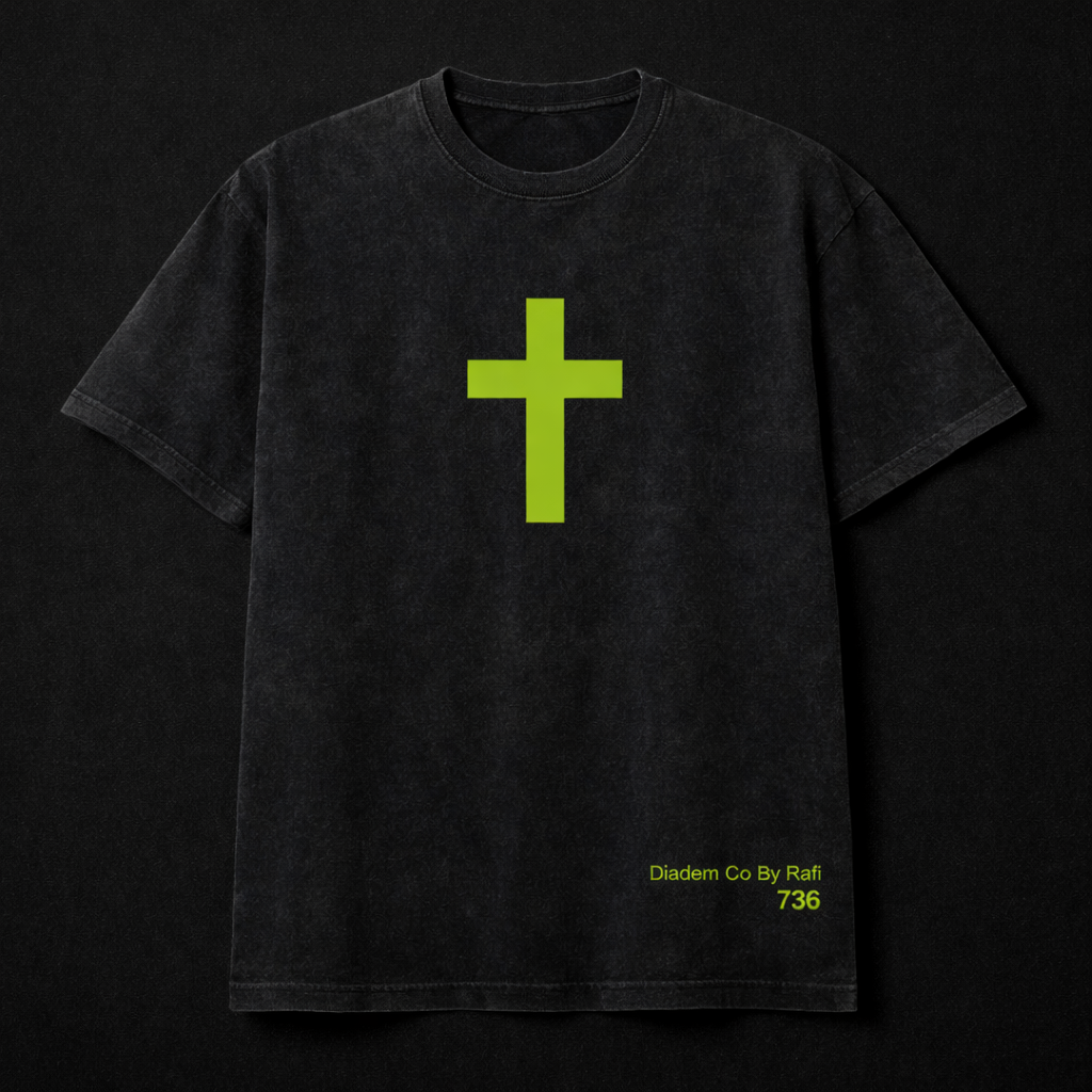 Short sleeve unisex Diadem Co By Rafi Althentic neon green cross screen print shirts numerology numbers 736.