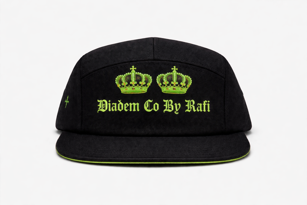 80's baby embroidered Diadem Co By Rafi with crown in black and gold 5 panel hats with the authentic green cross on the side