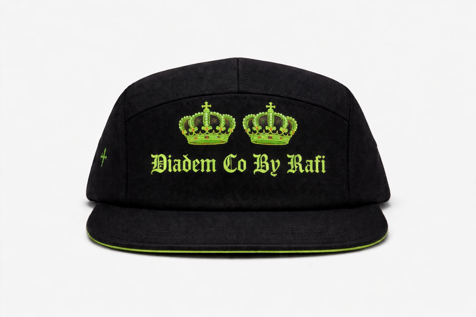 80's baby embroidered Diadem Co By Rafi with crown in black and gold 5 panel hats with the authentic green cross on the side