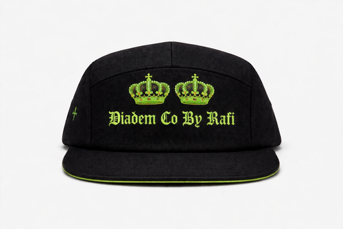 80's baby embroidered Diadem Co By Rafi with crown in black and gold 5 panel hats with the authentic green cross on the side