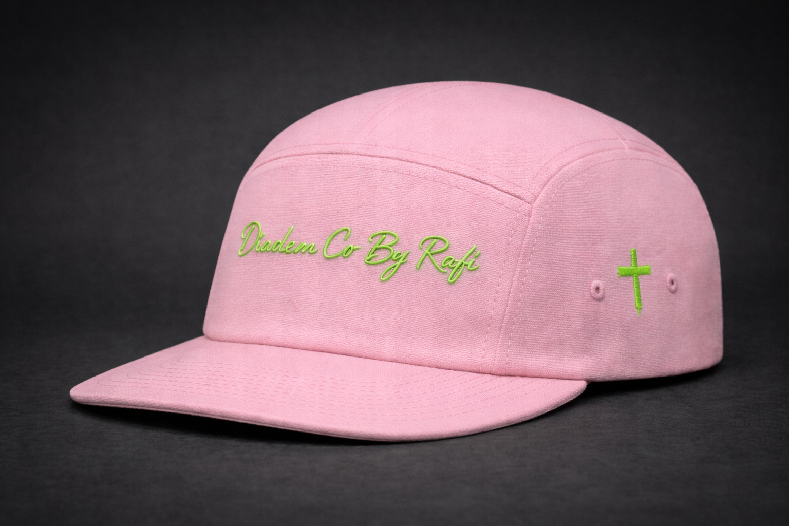 Diadem Co By Rafi pink women 5 panel hat with authentic embroidered neon green cross on the side.