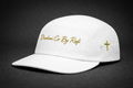 5panel YuPpoong 7005 hats with Diadem Co By Rafi logo and neon green or gold cross on the side in various colors.