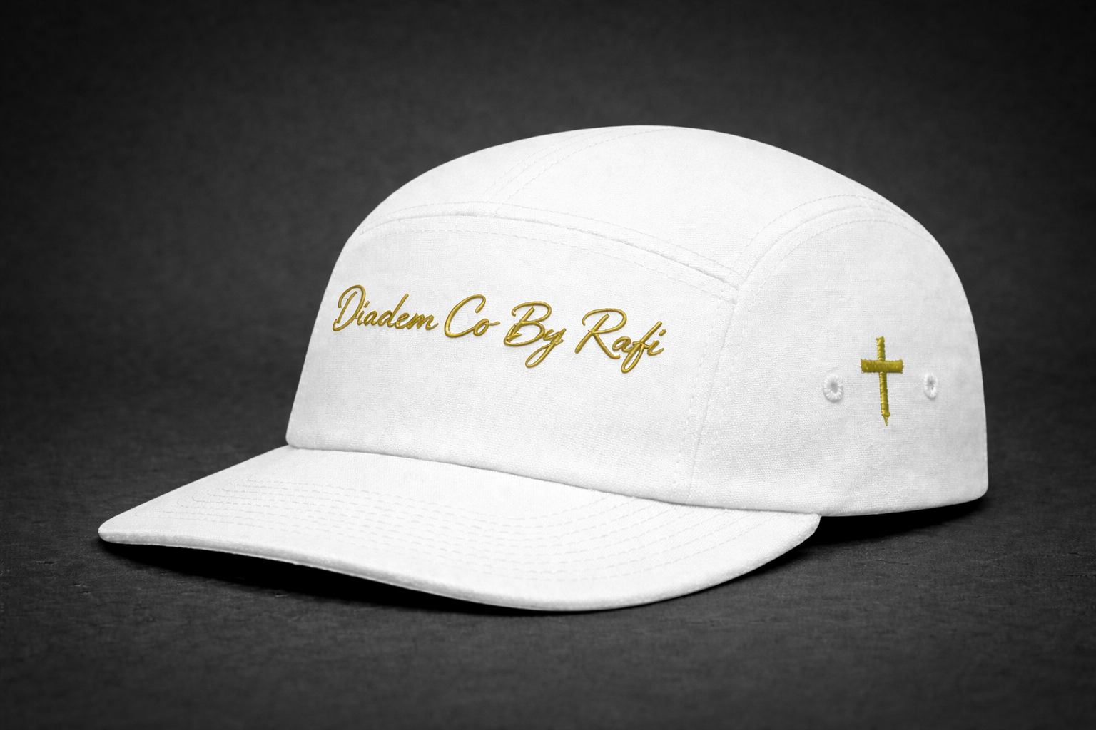 5panel YuPpoong 7005 hats with Diadem Co By Rafi logo and neon green or gold cross on the side in various colors.