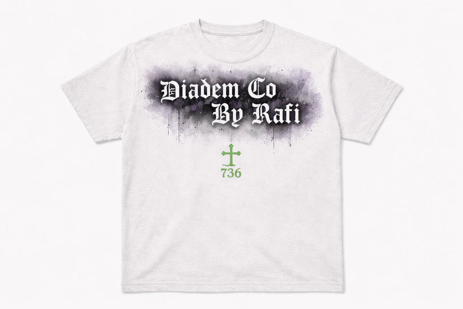 All white spray paint black old English letters Diadem Co By Rafi with signature green cross with 736 numerology meaning numbers summer shirt for men.