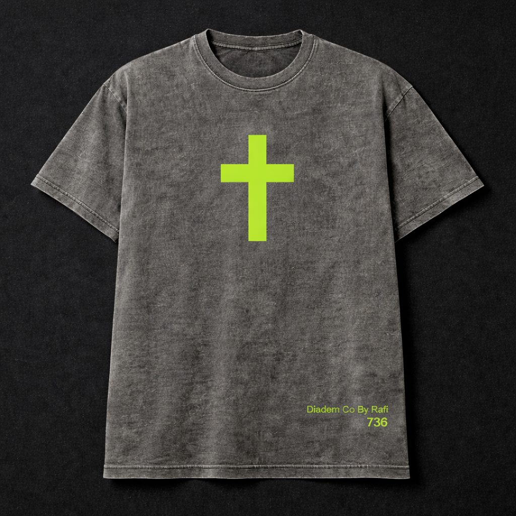 Short sleeve unisex Diadem Co By Rafi Althentic neon green cross screen print shirts numerology numbers 736.