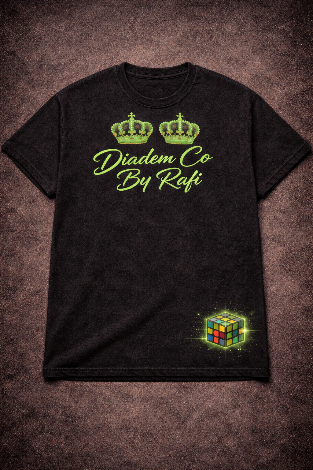 Lime green screen print Diadem Co By Rafi 2 different styles with rubix cube.