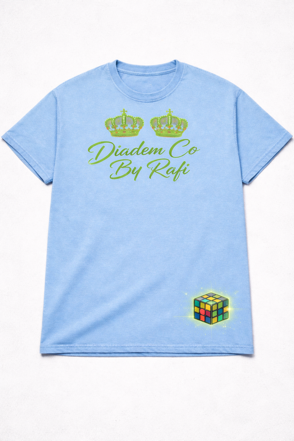 Short sleeve screen print drippy Diadem Co By Rafi gold crown shirt/blue bear rubix cube screen print neon outline Diadem Co By Rafi shirts.