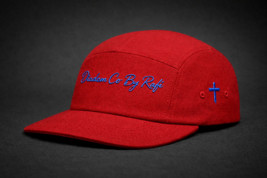 5panel YuPpoong 7005 hats with Diadem Co By Rafi logo and neon green or gold cross on the side in various colors.
