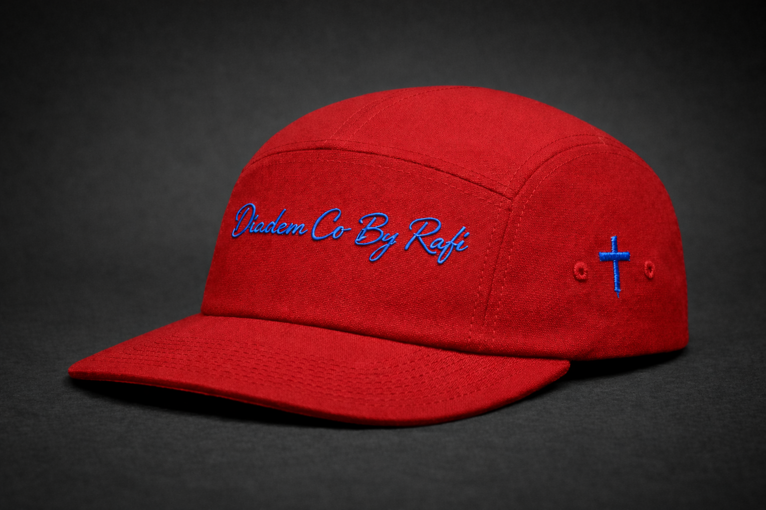 5panel YuPpoong 7005 hats with Diadem Co By Rafi logo and neon green or gold cross on the side in various colors.