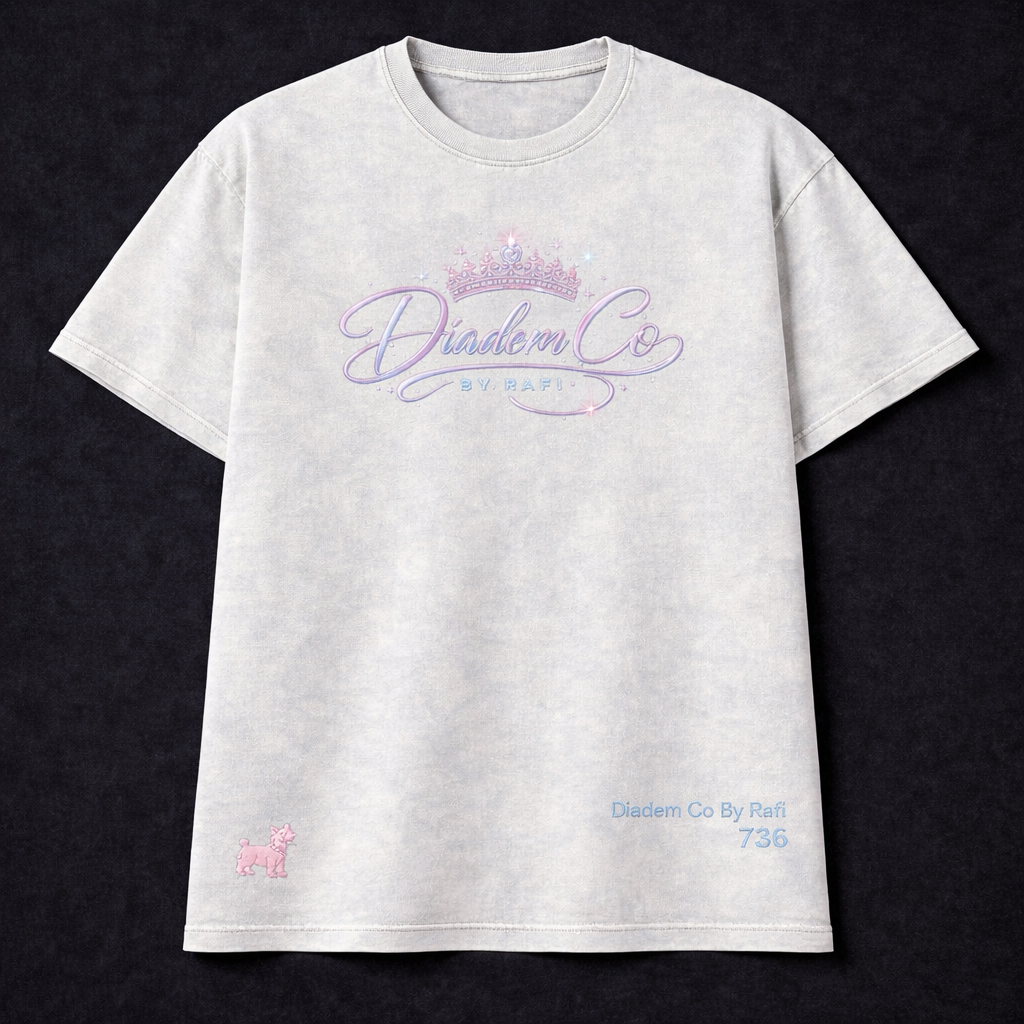 Screen print Diadem Co By Rafi with the embroidered terrier and woman's crown in white and pink 736 numerology meaning numbers screen print women shirt also in blue and pink, white and pink