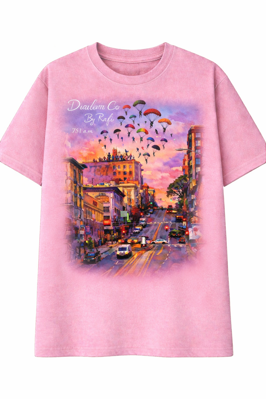 Diadem Co By Rafi( Geronimo) shirts grey pink and bloody red San Francisco California street.