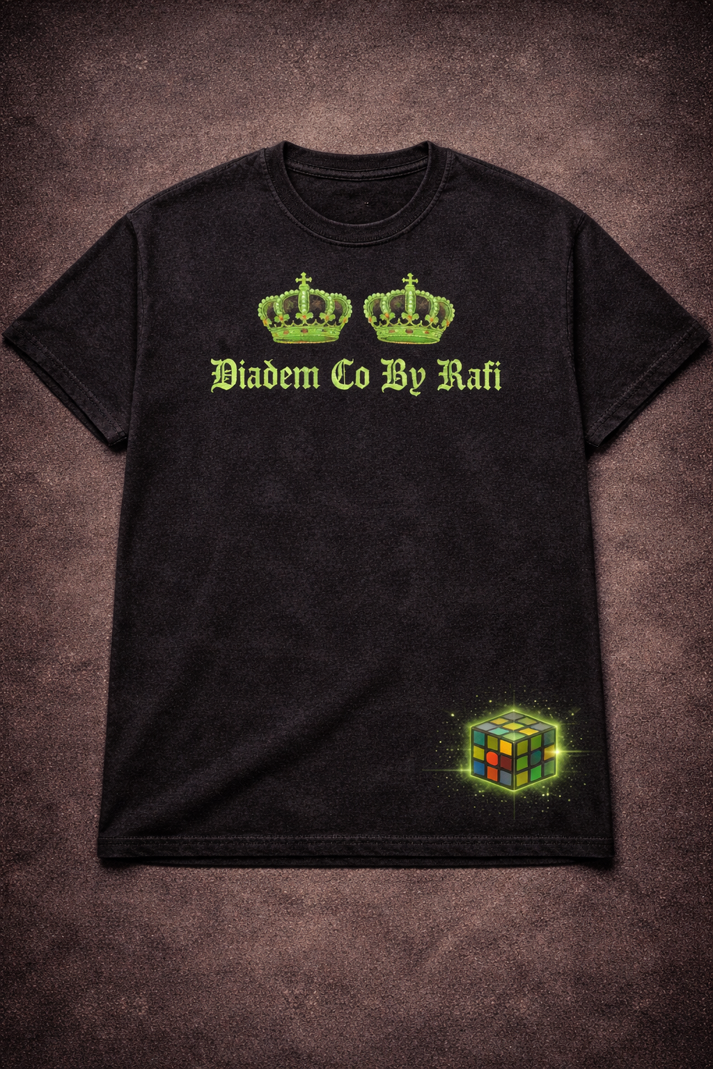 Lime green screen print Diadem Co By Rafi 2 different styles with rubix cube.