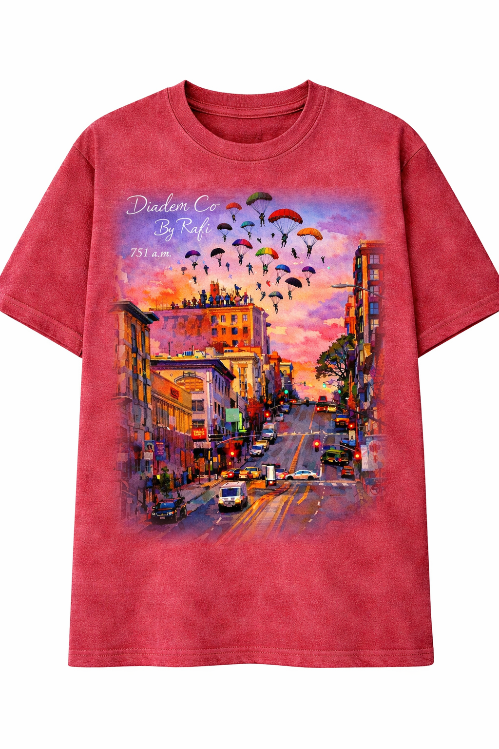 Diadem Co By Rafi( Geronimo) shirts grey pink and bloody red San Francisco California street.
