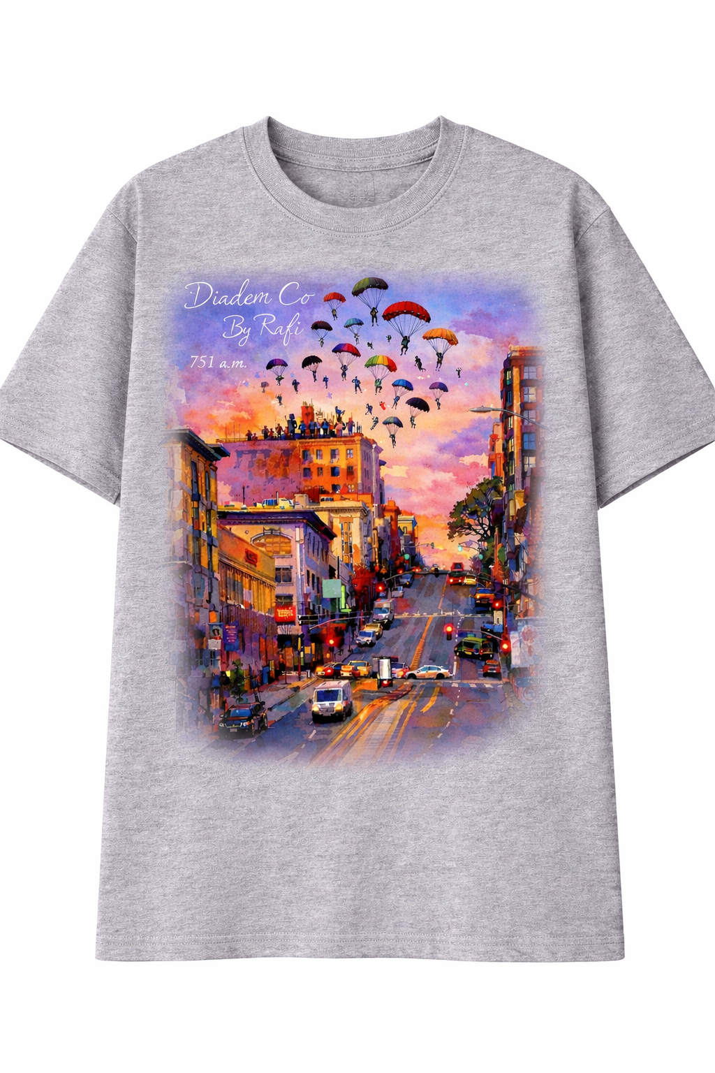 Diadem Co By Rafi( Geronimo) shirts grey pink and bloody red San Francisco California street.