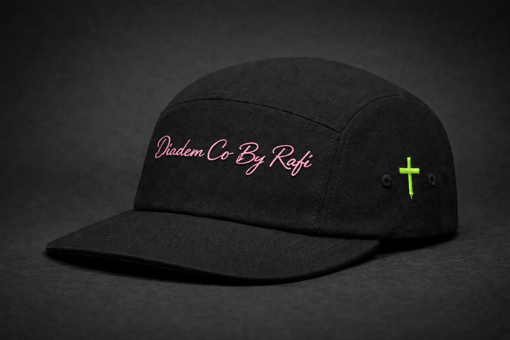 5panel YuPpoong 7005 hats with Diadem Co By Rafi logo and neon green or gold cross on the side in various colors.